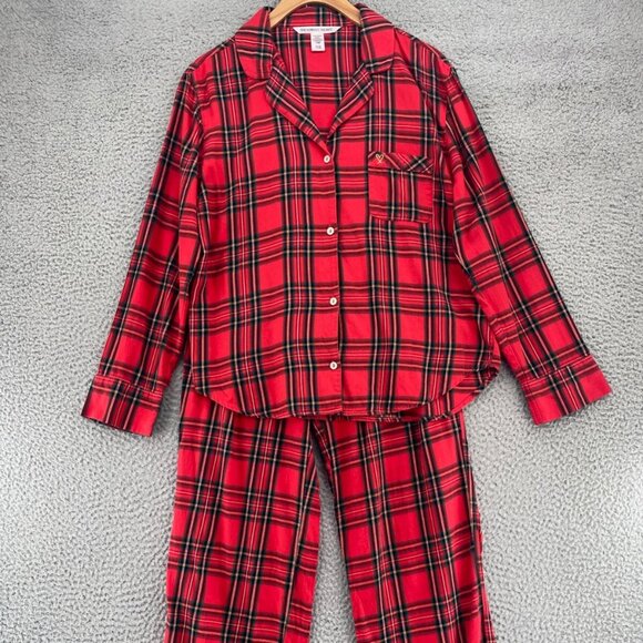 Victorias Secret Pajamas Women Small Red Plaid 2 Pc Set Button Flannel Christmas - Picture 1 of 16